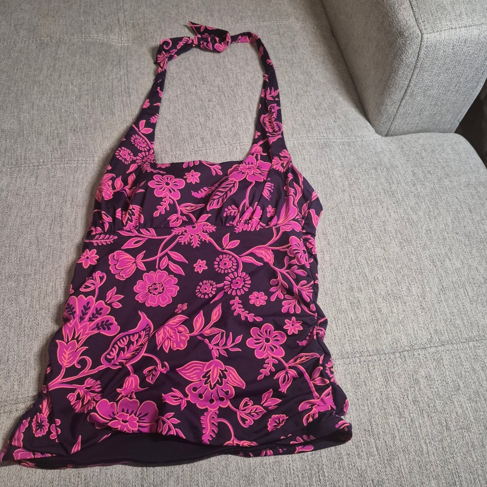 Lands End Purple Pink Floral Halter Tankini Top Ruched Side Swimwear Size Medium